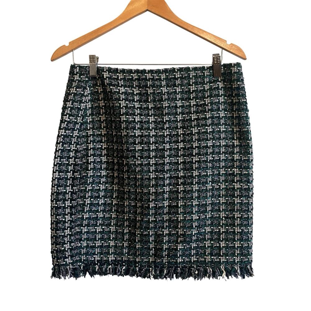 Eliane Rose Women’s Green Metallic Tweed Fringe Skirt Size 4 NWT Preppy Office